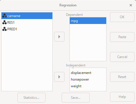 pspp regression menu