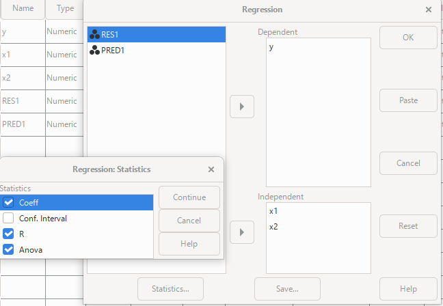 pspp regression menu w/statistics